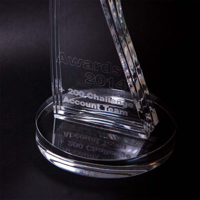 close up of etching on acrylic rb star award